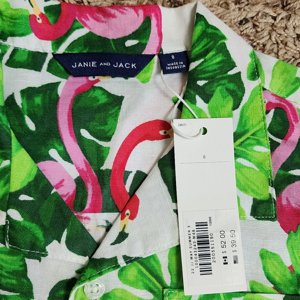 Janie and Jack Flamingo Tropical Linen Button-Front Shirt and Swim Trunks Boys